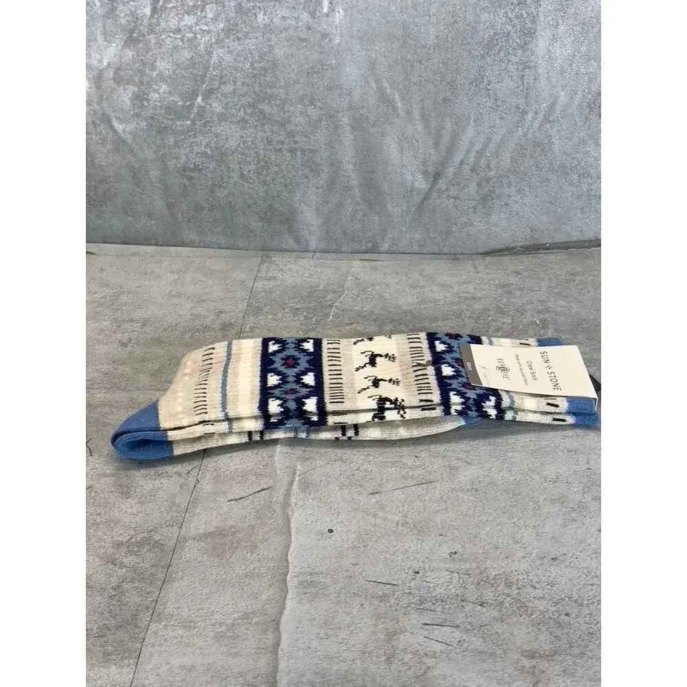 Sun + Stone Men's Blue/Tan Deer Fair Isle Fleece-Lined Crew Single Sock SZ 10-13